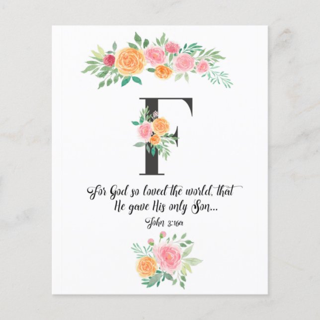 John 3:16, Lettre F, Carte d'écriture aquarelle (Devant)