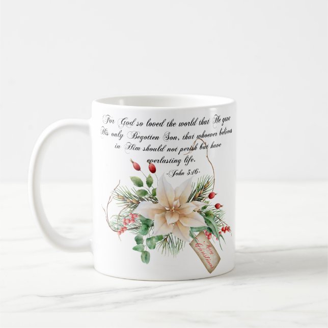 John 3:16 - Merry Christmas Scripture Floral Coffee Mug (Left)