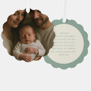 John 3:16 Modern Elegant Sage Christmas Photo Ornament Card