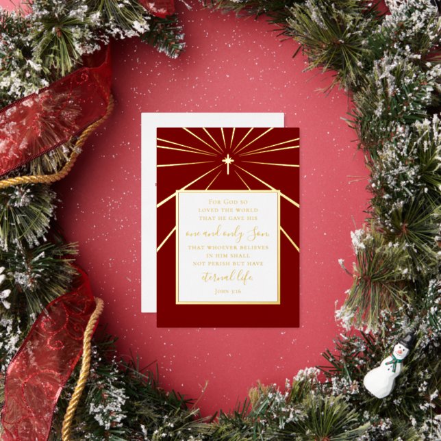 John 3:16 Personalized Faith Christmas Red Gold   Foil Holiday Card (Insitu)