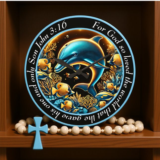 John 3:16 Playful Depths Dolphin Son of God  Large Clock (Creator Uploaded)