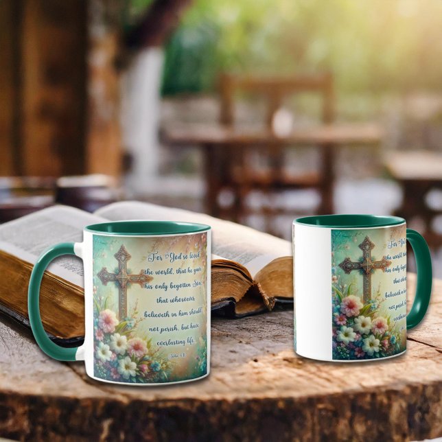 John 3:16 Scripture Cross Floral Christian  Mug (Creator Uploaded)