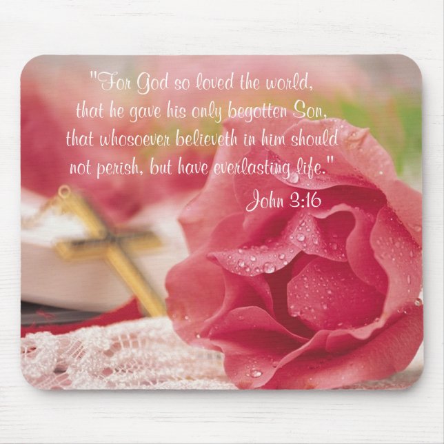 John 3:16 Version - Gold Cross & Pink Rose Mouse Pad (Front)