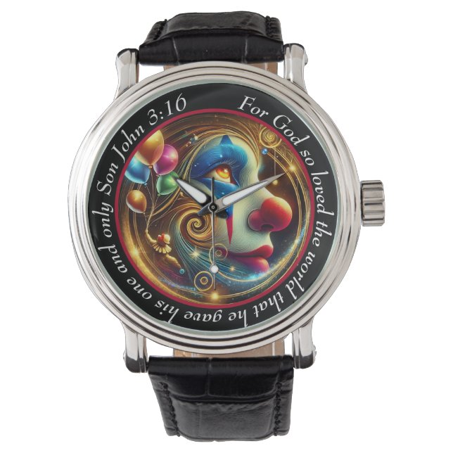 John 3:16 Vibrant Clown Timepiece Joyful Faith Watch (Front)