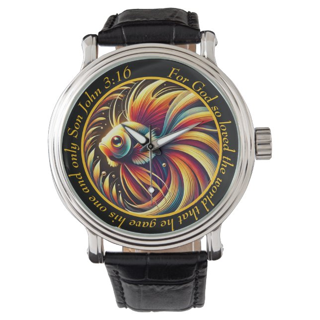 John 3:16 Vibrant Fish Timepiece Flowing Faith Watch (Front)