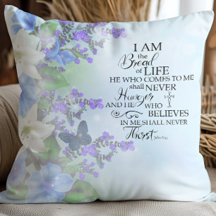 John 635 Bread of Life blue floral Inspirational Throw Pillow