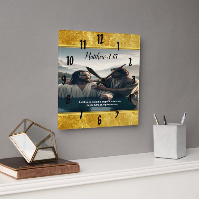 John Baptizes Jesus Christ with Faith Square Wall Clock (Office)
