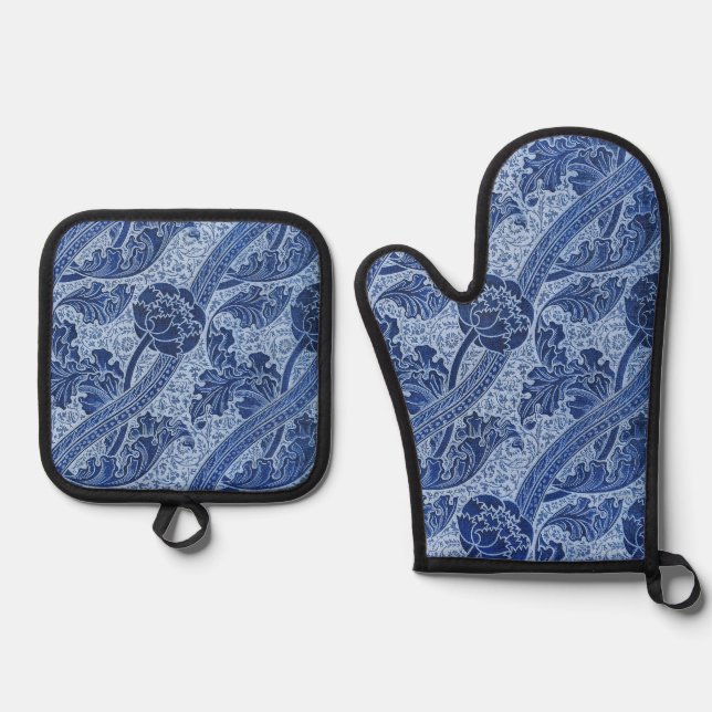 John Henry Dearle - Blue Florence Flower Pattern Oven Mitt & Pot Holder Set (Front)