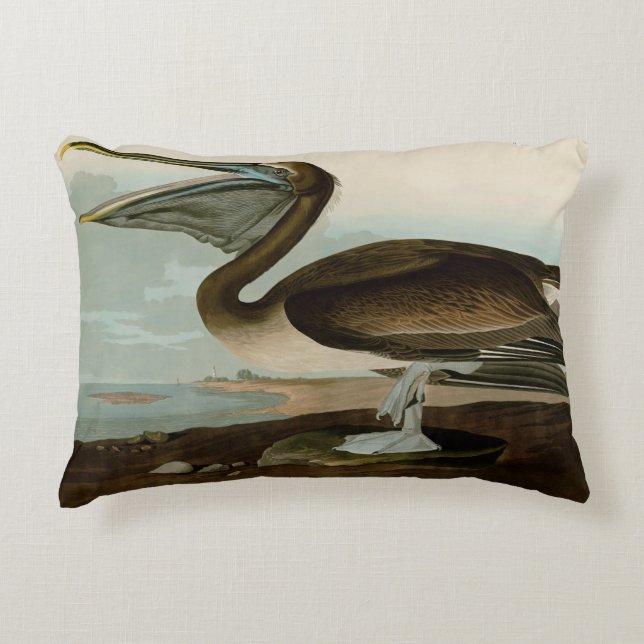 John James Audubon Brown Pelican Artwork Painting Accent Pillow (Front)
