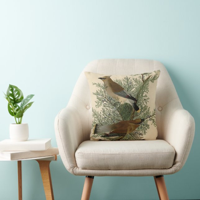 John James Audubon Cedar Waxwing Bird Print Throw Pillow (Chair)