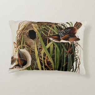 John James Audubon Marsh Wren Bird Print Accent Pillow