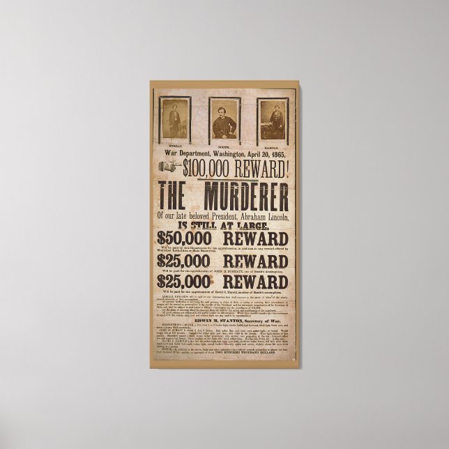 John Wilkes Booth Wanted poster Abe lincoln murder Canvas Print (Front)