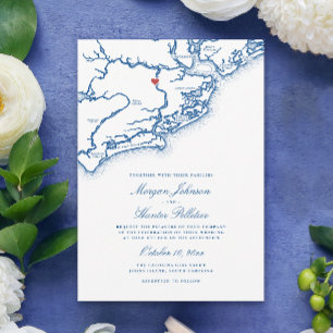 Johns Island SC Map Elegant Navy Blue Wedding Invitation