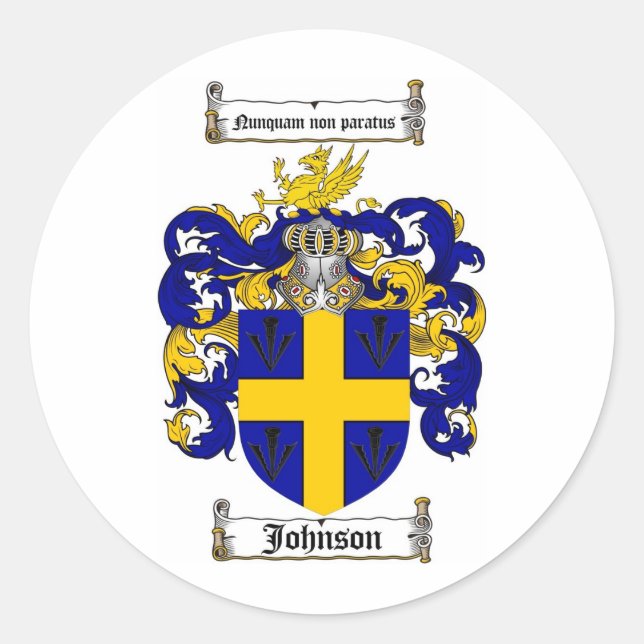 JOHNSON FAMILY CREST -  JOHNSON COAT OF ARMS CLASSIC ROUND STICKER (Front)