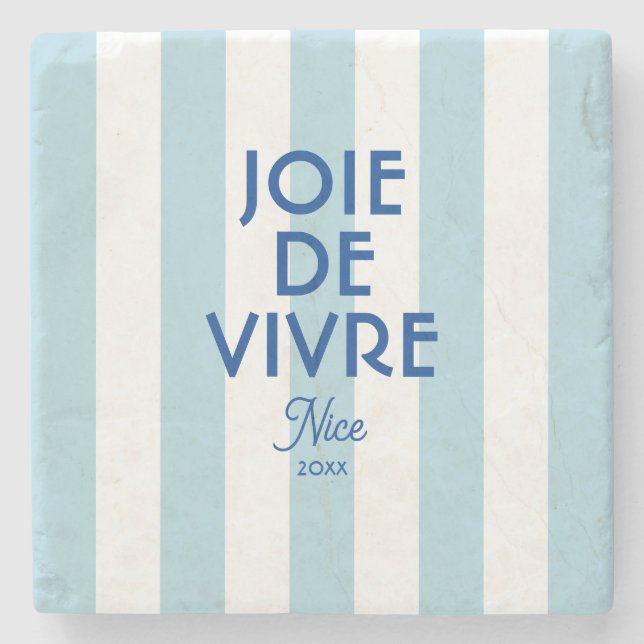 Joie De Vivre Nice Blue Cabana Stripe French Stone Coaster (Front)
