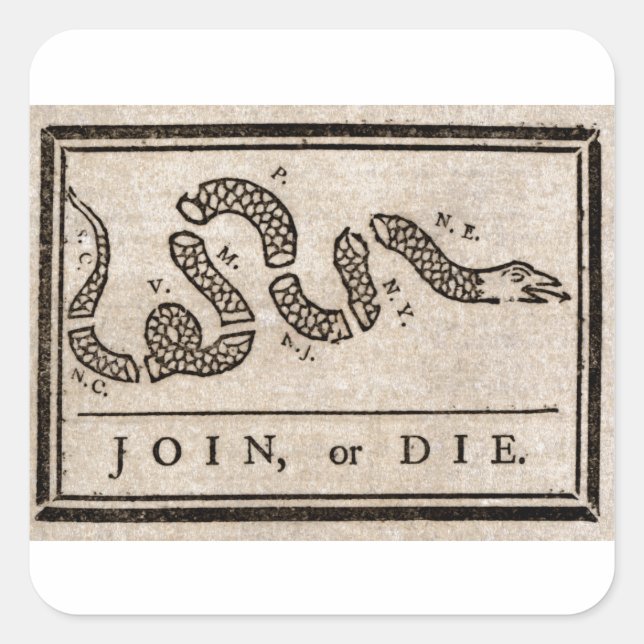 Join or Die Political Cartoon by Benjamin Franklin Square Sticker (Front)
