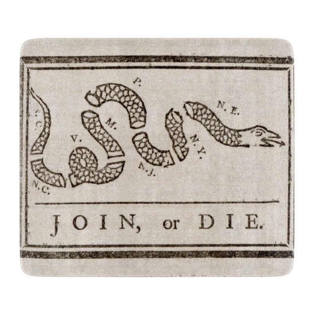 Join or Die Rattlesnake: Cartoon Benjamin Franklin Cutting Board (Front)
