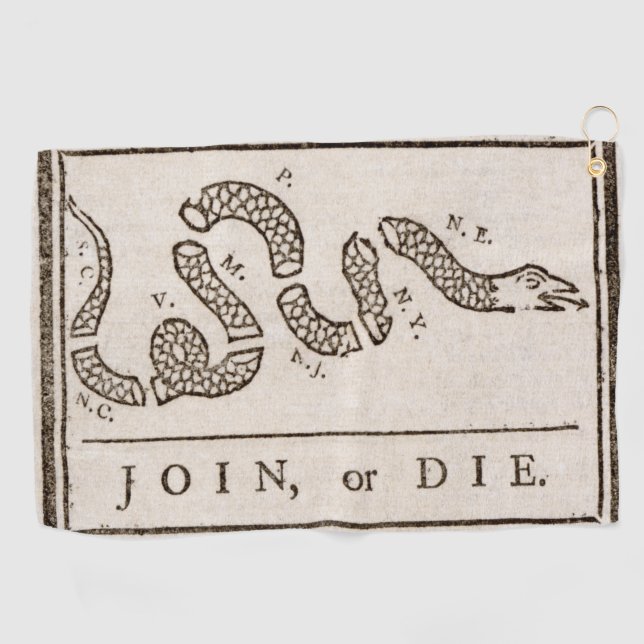 Join or Die Rattlesnake: Cartoon Benjamin Franklin Golf Towel (Horizontal)