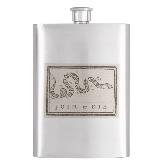 Join or Die Rattlesnake: Cartoon Benjamin Franklin Hip Flask (Front)
