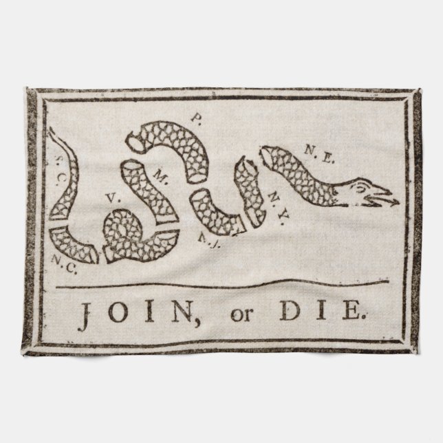 Join or Die Rattlesnake: Cartoon Benjamin Franklin Kitchen Towel (Horizontal)