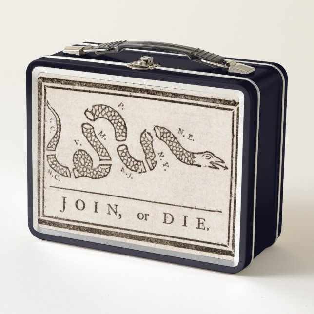 Join or Die Rattlesnake: Cartoon Benjamin Franklin Metal Lunch Box (Front)
