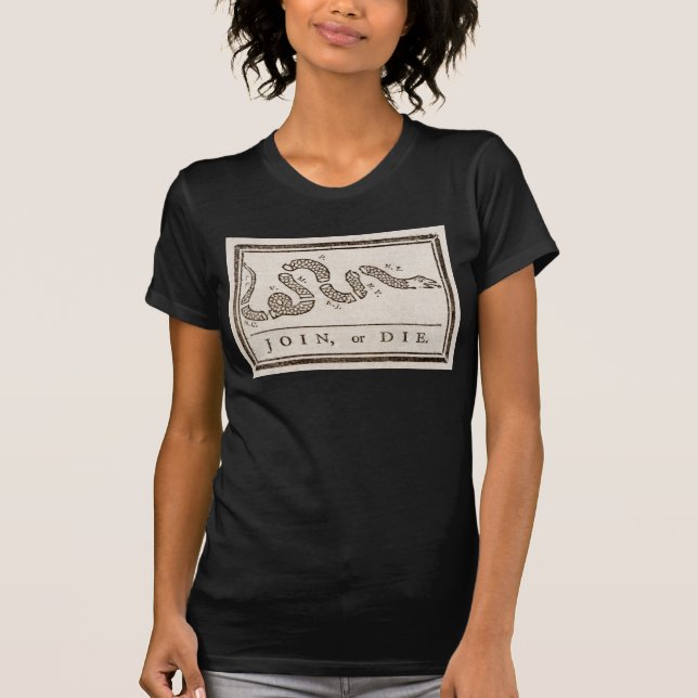 Join or Die Rattlesnake: Cartoon Benjamin Franklin T-Shirt (Front)
