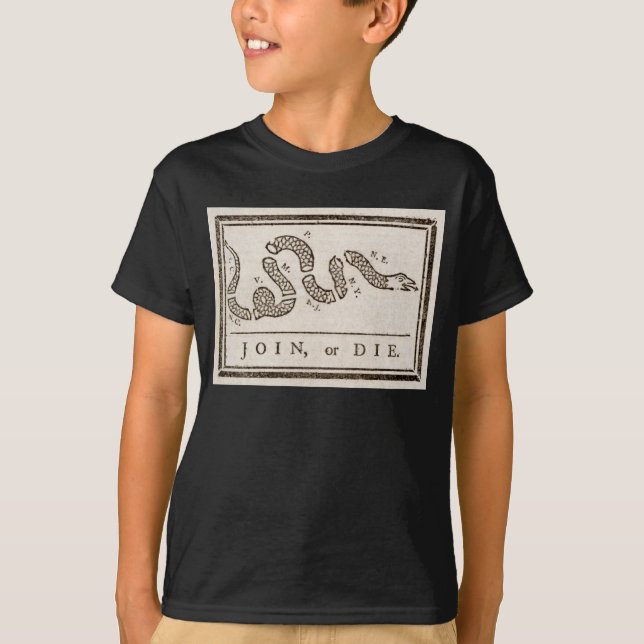 Join or Die Rattlesnake: Cartoon Benjamin Franklin T-Shirt (Front)