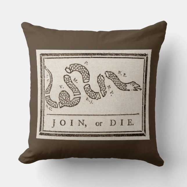 Join or Die Rattlesnake: Cartoon Benjamin Franklin Throw Pillow (Front)