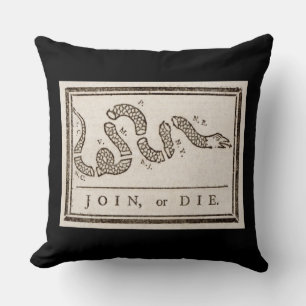 Join or Die Rattlesnake: Cartoon Benjamin Franklin Throw Pillow