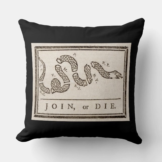 Join or Die Rattlesnake: Cartoon Benjamin Franklin Throw Pillow (Front)