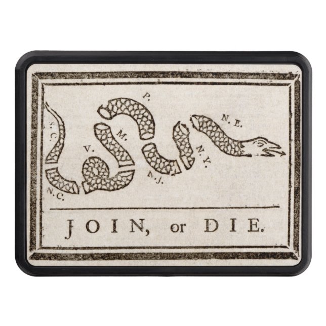 Join or Die Rattlesnake: Cartoon Benjamin Franklin Trailer Hitch Cover (Front)