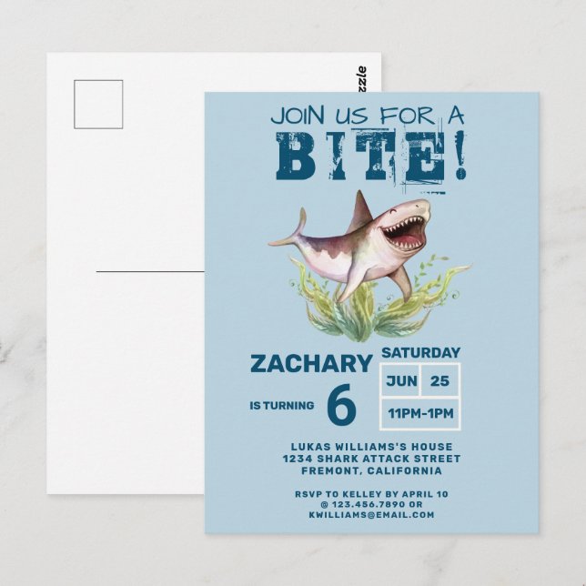 Join Us For a Bite Funny Shark Boys Birthday Party Postcard (Front/Back)