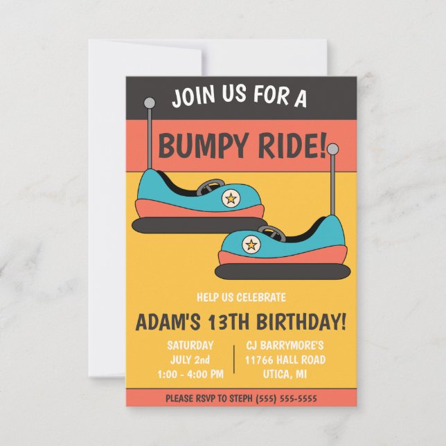Join us for a Bumpy Ride!  Bumper Cars Birthday Invitation (Front)