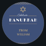 Join Us for a Joyous Hanukkah Celebration!" Classic Round Sticker<br><div class="desc">Celebrate the Festival of Lights with us! Join us for an evening filled with warmth, laughter, and tradition as we gather to commemorate Hanukkah. Enjoy delicious food, festive games, and the company of family and friends. Let’s light the menorah, share stories, and create cherished memories together. Don’t miss out on...</div>