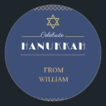 Join Us for a Joyous Hanukkah Celebration!" Classic Round Sticker<br><div class="desc">Celebrate the Festival of Lights with us! Join us for an evening filled with warmth, laughter, and tradition as we gather to commemorate Hanukkah. Enjoy delicious food, festive games, and the company of family and friends. Let’s light the menorah, share stories, and create cherished memories together. Don’t miss out on...</div>