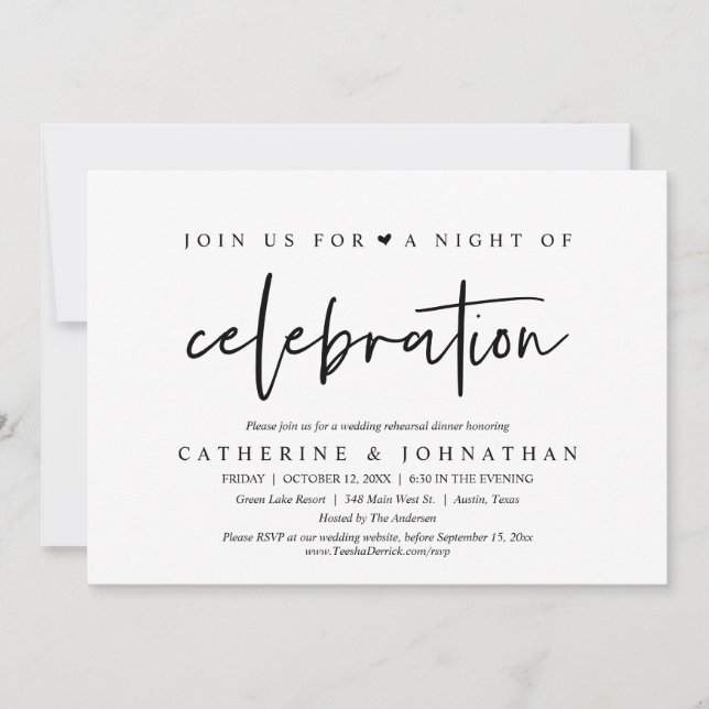 Join us for a night of celebration, Wed Rehearsal Invitation (Front)