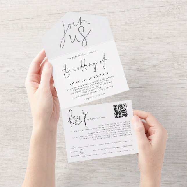Join Us Modern Script Typographical Black White All In One Invitation (Tearaway)