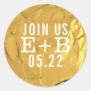 JOIN US on faux gold save-the-date wedding  Classic Round Sticker