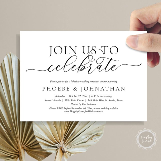 Join Us To Celebrate, Wedding Rehearsal Dinner Inv Invitation (Join Us To Celebrate, Romantic Wedding Rehearsal Dinner Invitation Card, PDF, in Black and White)