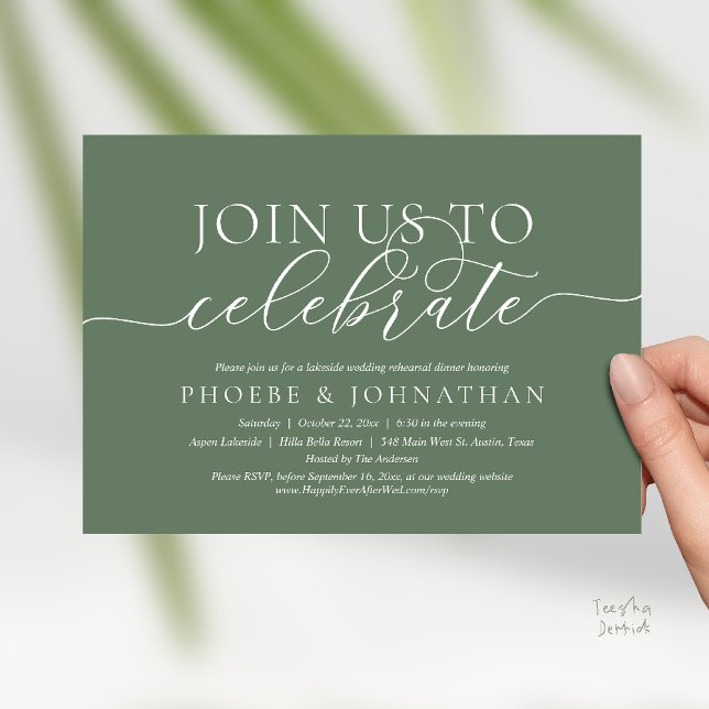 Join Us To Celebrate, Wedding Rehearsal Dinner Invitation (Join Us To Celebrate, Modern Classy Wedding Rehearsal Dinner Invitation card in sage green)