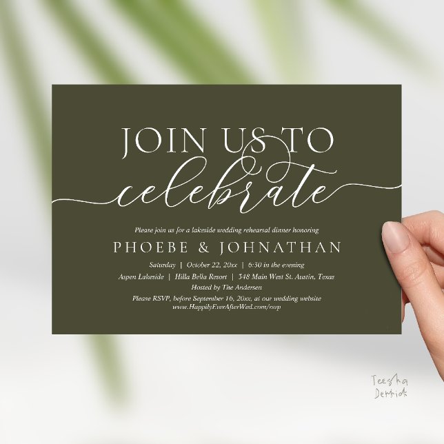Join Us To Celebrate, Wedding Rehearsal Dinner Invitation (Join Us To Celebrate, Modern Classy Wedding Rehearsal Dinner Invitation card in olive green)
