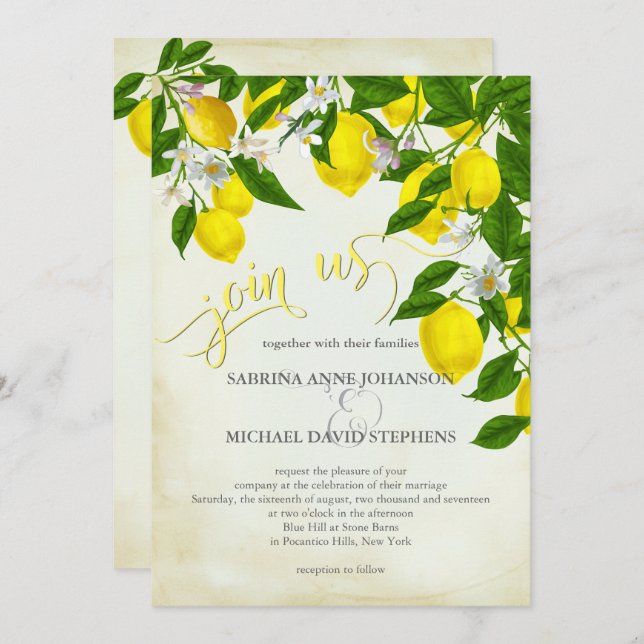 Join Us Watercolor Lemons and Greenery Wedding Invitation (Front/Back)