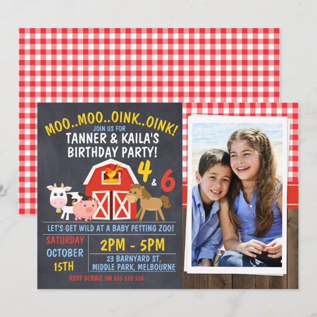 Joint Barnyard Chalkboard Birthday Invitation (Front/Back)