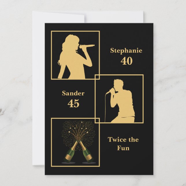 Joint Birthday Double the Fun Black Gold Invitation (Front)