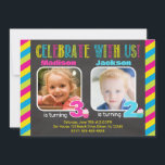 Joint Birthday Party Invitation with Photo<br><div class="desc">Joint Birthday Invitation with Photo, Celebrate With Us Party Invite, Sibling or Twins Birthday, Editable Double Birthday Invitation Make your celebration twice as fun with this bright and playful Joint Birthday Invitation with Photo! Featuring a trendy chalkboard-style background, colorful striped borders, and a cheerful “Celebrate With Us!” headline, this design...</div>