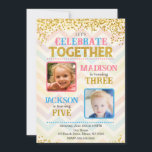Joint Birthday Party Invitation with Photo<br><div class="desc">Joint Birthday Invitation with Photo, Let’s Celebrate Together Invite, Sibling Birthday Party, Editable Dual Birthday Invitation Celebrate double the fun with this colorful Joint Birthday Invitation with Photo! Featuring a cheerful pastel chevron background, sparkling gold glitter accents, and space for two photos, this design is perfect for siblings or friends...</div>