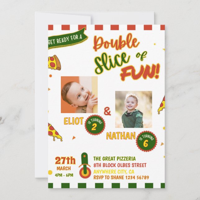 Joint Birthday Pizza Party Invitation with Photo (Front)