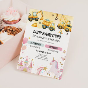 Joint Construction & Unicorn Sibling Birthday Invitation