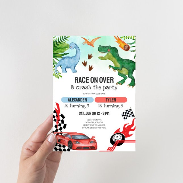 Joint Dinosaur & Race Cars Sibling Birthday Invitation (Joint Kids Birthday Party Invitation - Dinosaurs and Race Cars)