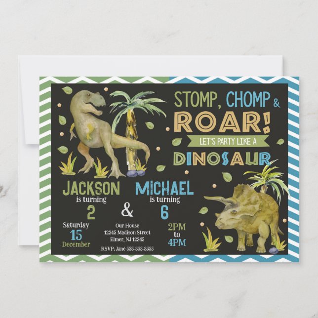 Joint Dinosaurs Siblings Birthday Invitation (Devant)